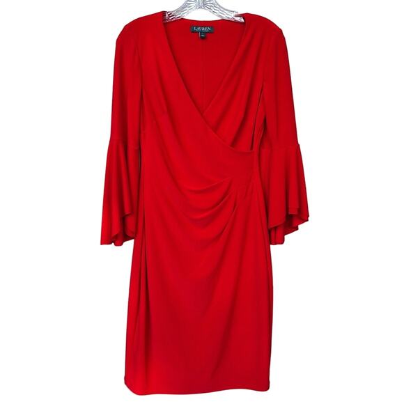 Lauren Ralph Lauren Bell Sleeve Faux Wrap Red Dress Surplice V Neckline Size 4 - Picture 1 of 12